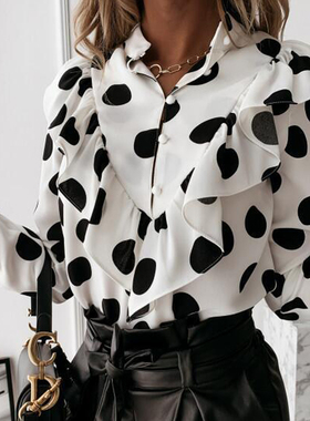 2021速卖通wish亚马逊爆款秋季长袖荷叶边V领套头纽扣衬衫女装