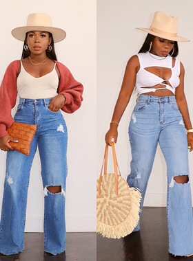 women jeans pants trousers 2024破洞牛仔裤水洗阔腿直筒长裤女