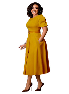 plus size dress for women yellow party Dress skirt with belt