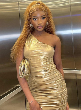 women night dress sexy 2023性感斜肩金属色收腰包臀连衣裙