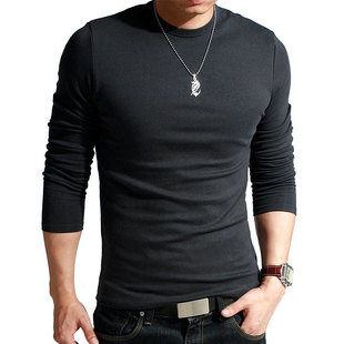 Men Long Sleeve Cotton T shirt 男士弹力纯色圆领打底衫长袖T恤