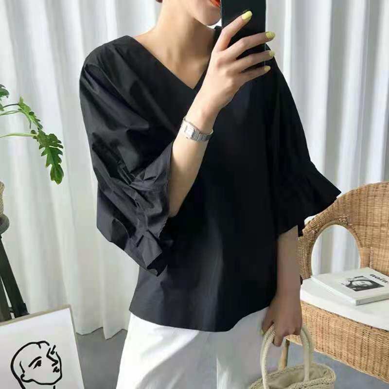 欧美风宽松纯色V领蝙蝠型娃娃衫灯笼短袖衬衫女休闲衬衣套头上衣