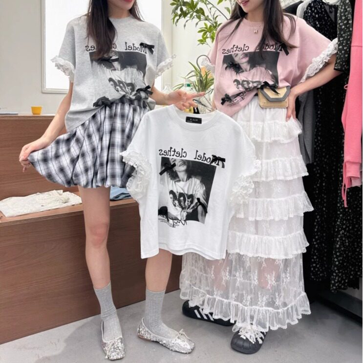 韩国东大门2024夏季新款女装韩版复古宽松蕾丝花边印花T恤上衣女