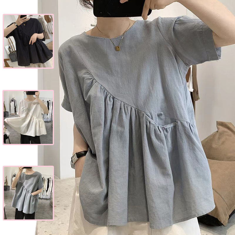 2023日韩外贸新款夏季新款不规则棉麻衬衫新款圆领大码短袖上衣