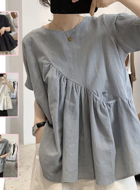 2023日韩外贸新款夏季新款不规则棉麻衬衫新款圆领大码短袖上衣