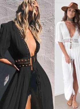 Women Beach Bikini Cover Up dresss跨境沙滩白色长款比基尼罩衫