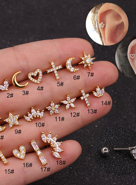 Labret Piercing Ear Ring Steel Stud Crystal Gem Flat Back