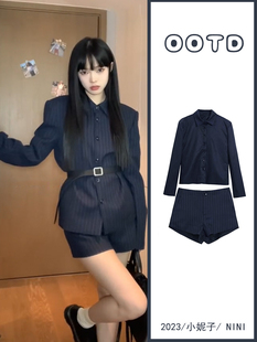 辣妹藏蓝色条纹衬衫西装套装女小个子显高职业装时尚短裤两件套春