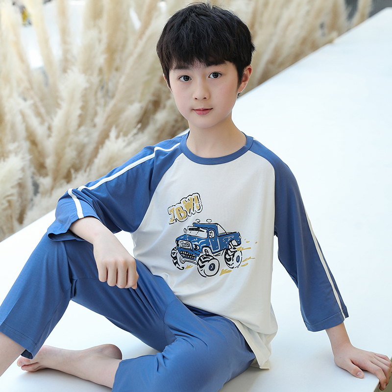 儿童睡衣男童夏季薄款家居服中袖莫代尔空调服中大童男孩绵绸套装