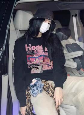 黑色圆领卫衣女美式复古