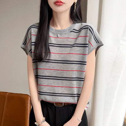 肌肤竹节麻2026夏季女新款宽松圆领拼色条纹针织短袖薄款打底T恤