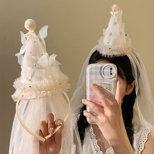 新款女童发光生日帽子皇冠发箍周岁公主派对蛋糕装饰头箍蝴蝶头纱