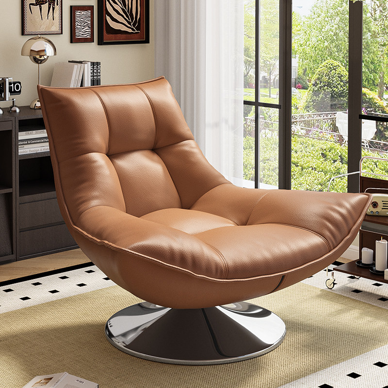 真皮单人沙发椅意式复古休闲设计师懒人躺椅卧室阳台可旋转沙发椅
