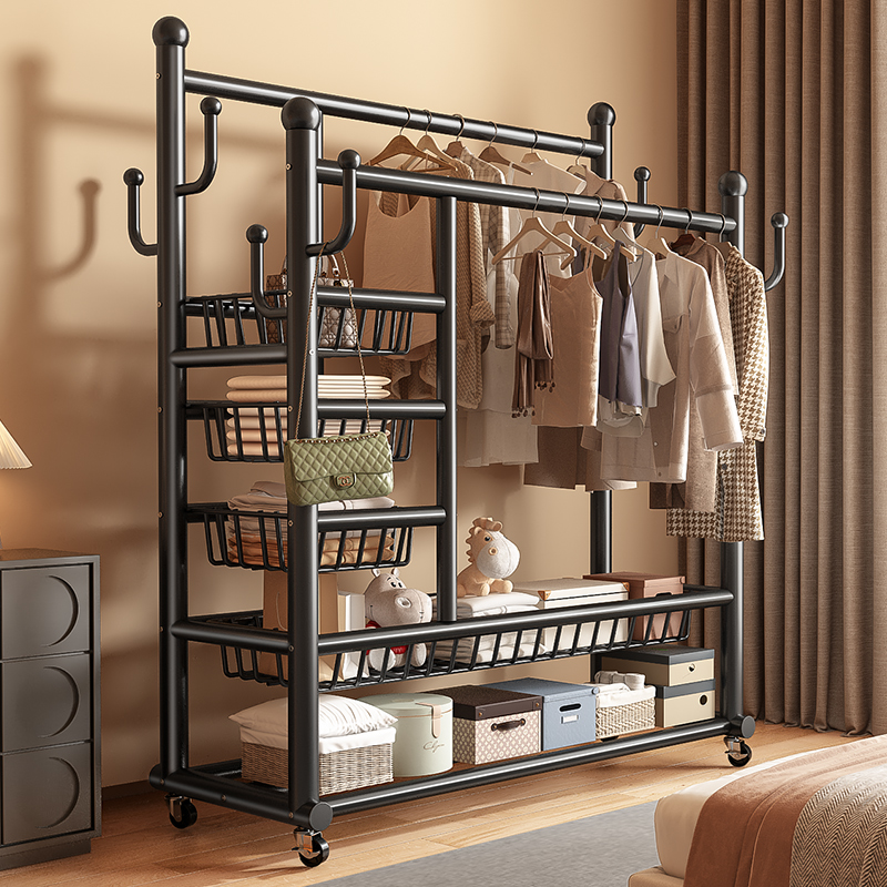 卧室落地衣帽架双杆可移动立式收纳架晾晒衣架宿舍金属衣柜式挂架