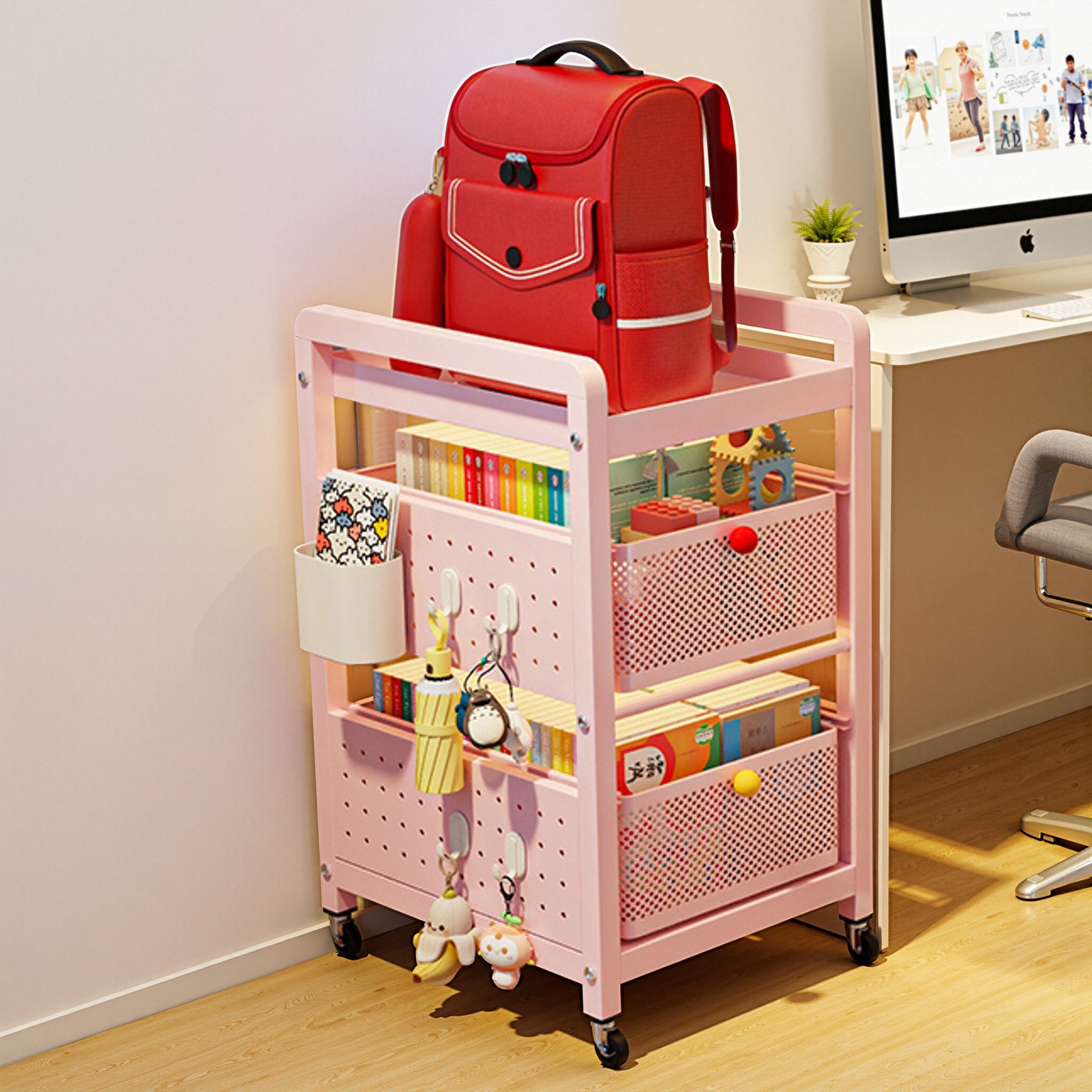 碳钢书包置物架可移动小推车书本零食收纳架桌下多层放书包带滑轮,收纳整理,整理架/置物架/收纳架,淘宝优惠券,粉丝福利购,淘宝优惠卷