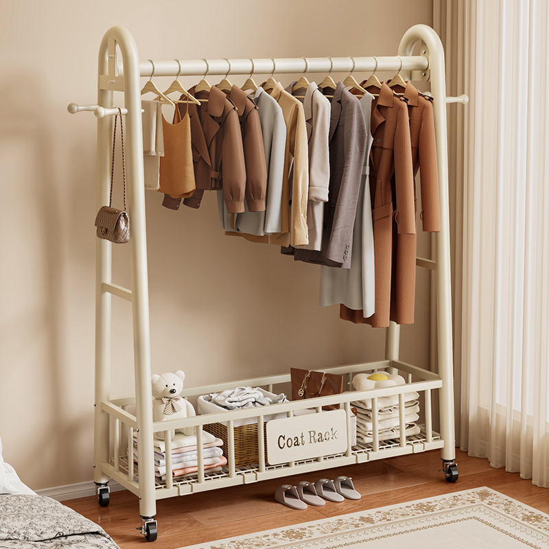 卧室落地衣帽架家用奶油风可移动网红金属晾晒衣架置物收纳挂衣架