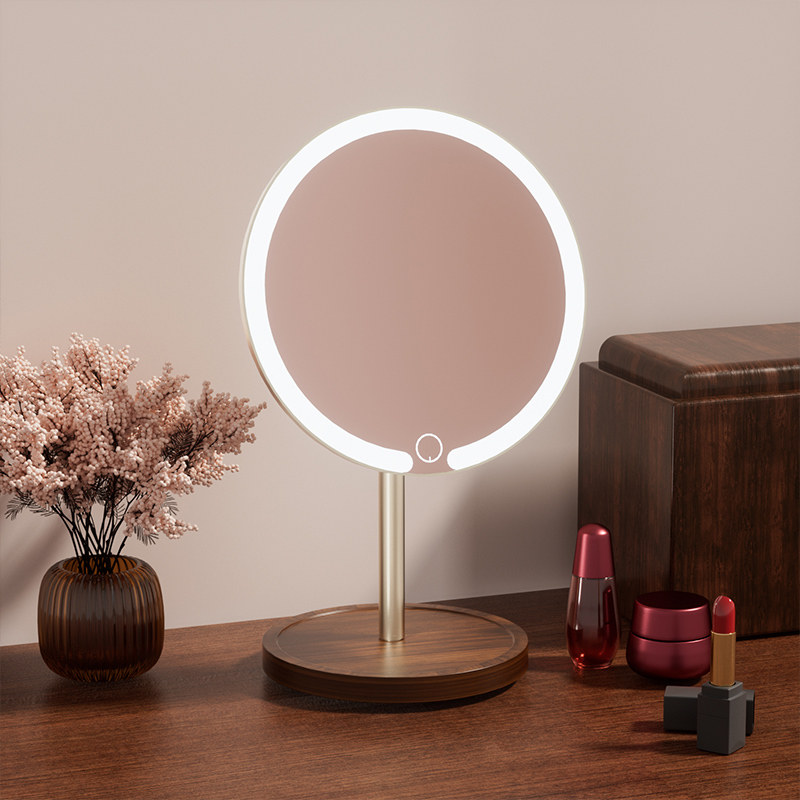 2026新款实木化妆镜台式桌面可立带灯家用卧室梳妆台智能美妆镜子