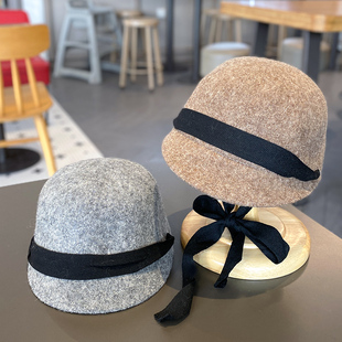韩系儿童帽子秋冬毛呢男童女童短檐洋气绑带鸭舌帽英伦复古马术帽