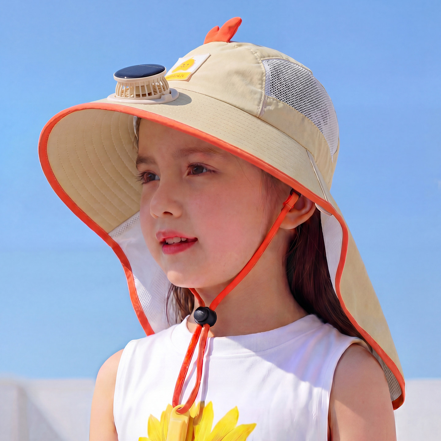 儿童帽子夏季风扇小女孩防晒遮阳帽夏天女童大帽檐披肩户外网眼夏