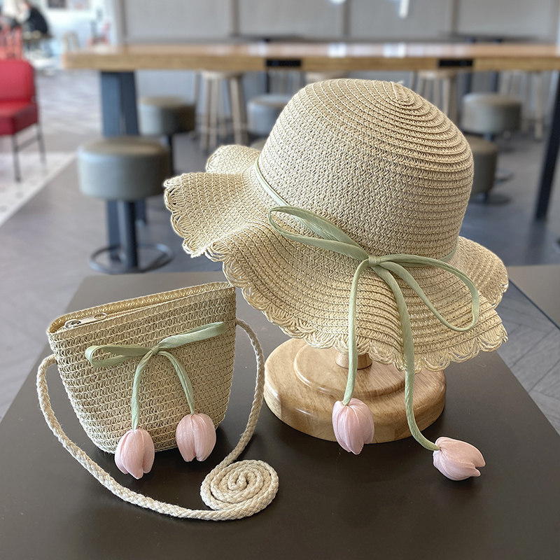 夏天女童遮阳帽子小女孩公主沙滩防晒渔夫帽夏季女宝宝草帽儿童夏
