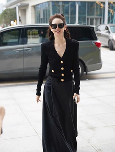 巴尔曼 吉娜戚薇同款黑色开衫设计感高腰长款西装裙子针织衫上衣