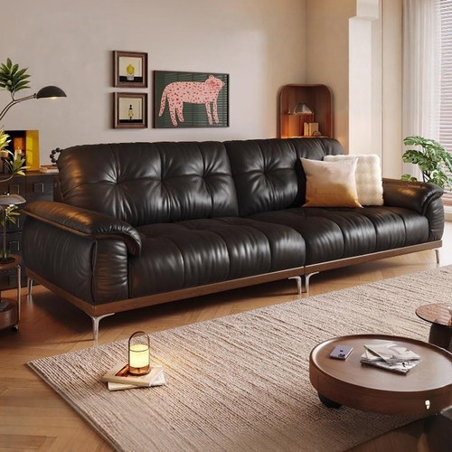 中古风客厅实木沙发复古头层牛皮2025新款小户型直排黑色真皮沙发