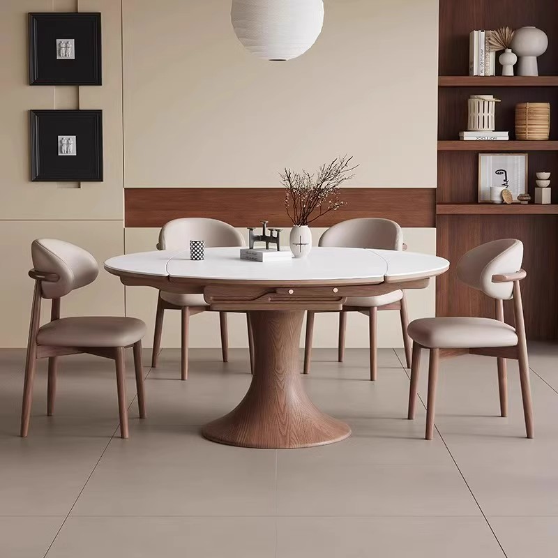 实木圆形伸缩折叠岩板餐桌