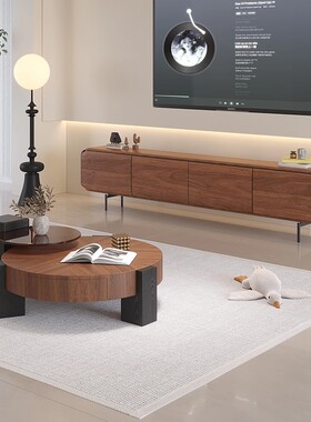 意式极简圆形茶几客厅家用轻奢高级感设计师中古风胡桃木茶几组合