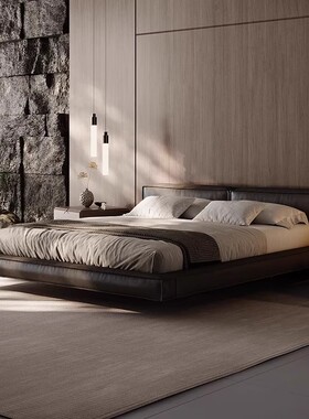 悬浮豆腐块真皮床现代简约软包意式极简主卧双人床婚床黑色