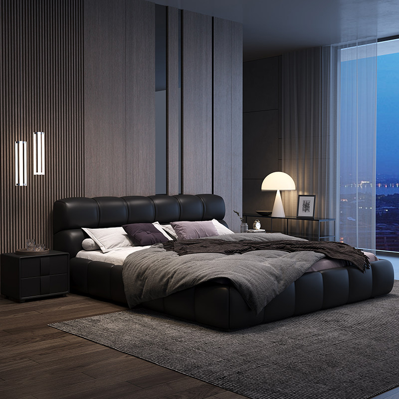 真皮床现代简约主卧大床轻奢高端大气婚床榻榻米泡芙床卧室双人床