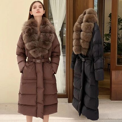 反季清仓狐狸毛真毛领女新中式国风过膝长款收腰羽绒服加厚白鸭绒