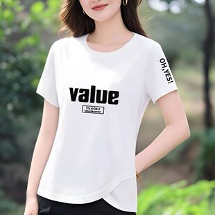 女士宽松上衣夏装 加肥加大码 纯棉T恤女 T恤女夏季 中年妈妈纯色短袖