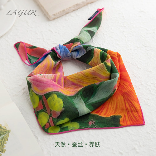 油画风手工卷边真丝丝巾65方巾女