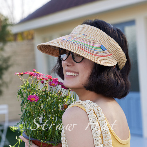 彩虹纸辫大檐空顶防晒帽女夏新款