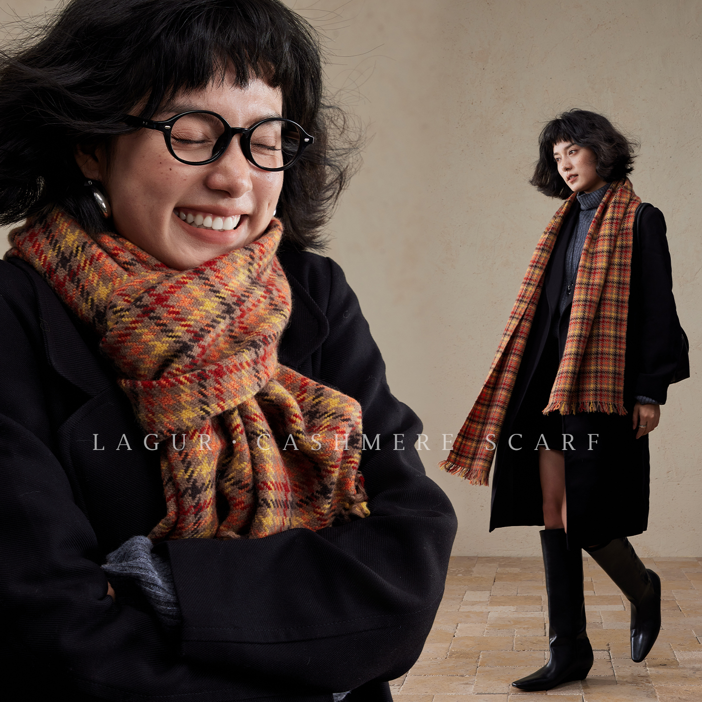 复古格纹红棕纯山羊绒围巾女冬季