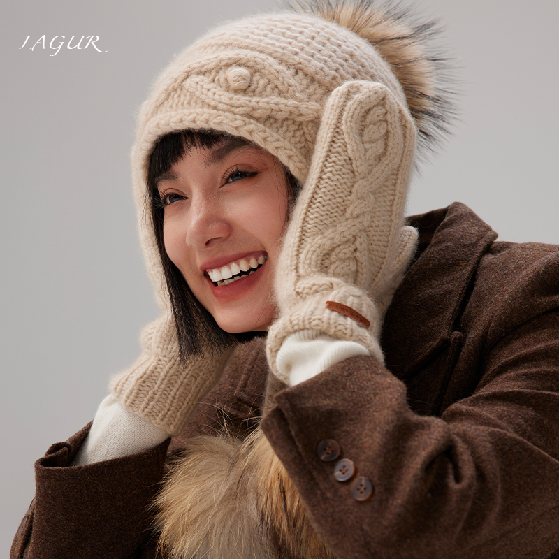 加厚复古山羊绒针织帽手套套装冬