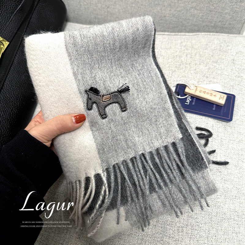 简约中性黑白100%澳洲羊毛围巾冬
