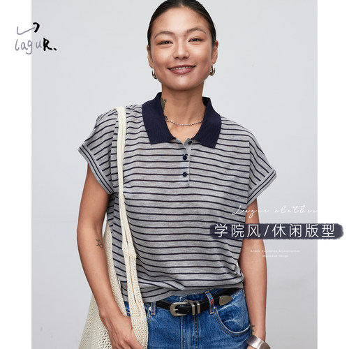 条纹学院风针织短袖小飞袖上衣女