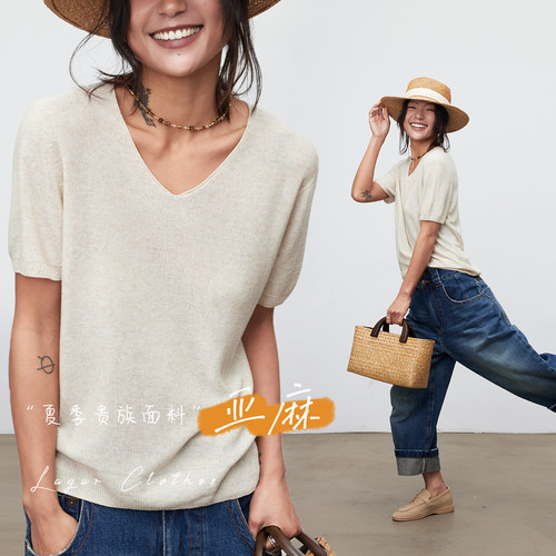 52支亚麻针织短袖v领宽松上衣女
