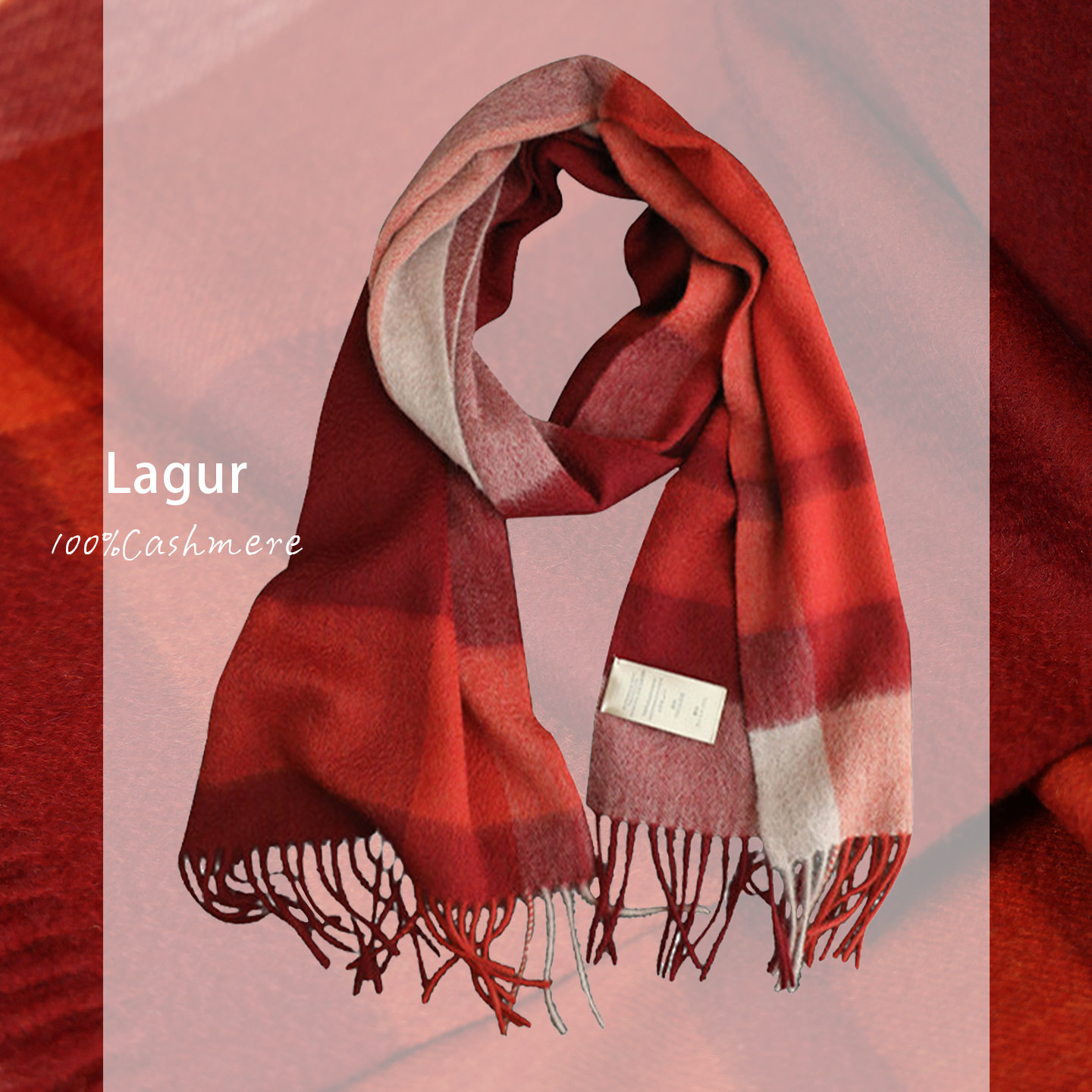 Lagur100%cashmere山羊绒＜质感红色＞格子流苏围巾女冬礼物保暖