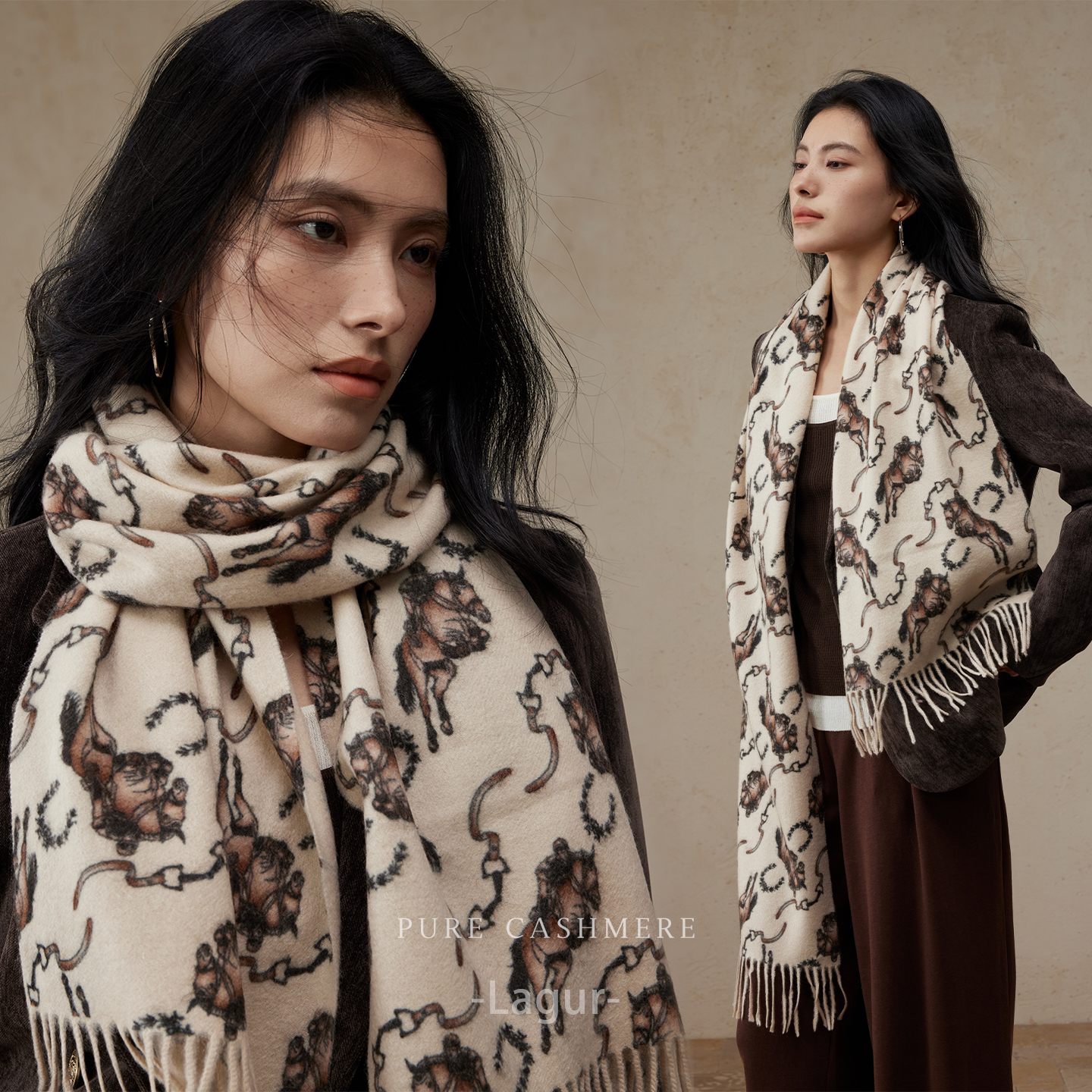 战马100%山羊绒加厚保暖围巾女冬