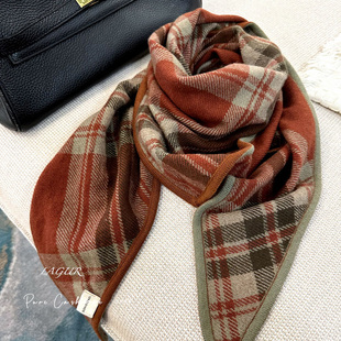 岁月长河 格纹保暖洋气女 100%Cashmere纯山羊绒围巾三角围脖经典