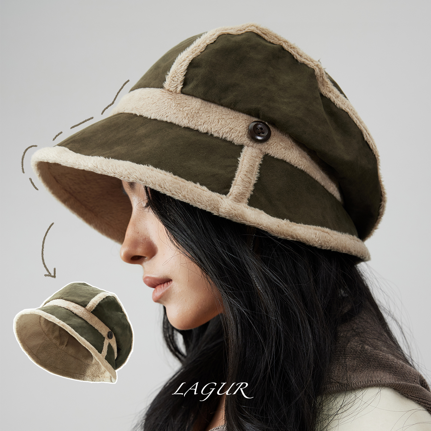 麂皮绒拼接加绒加厚保暖渔夫帽女