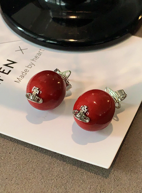 新年红色珐琅球球耳环2026新款爆款高级感西太后耳钉朋克复古耳饰