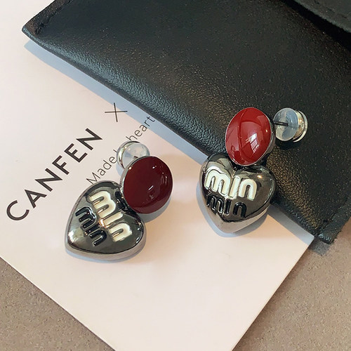 XMR安可拉红圆形珐琅心形耳饰女