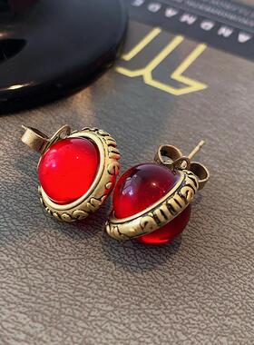 红色天然石球球耳钉2026新款爆款字母耳环轻奢高级感复古新年耳饰