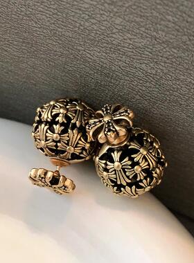 古铜色十字架球球耳钉2026新款爆款双面耳环女轻奢高级感前后耳饰