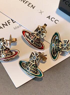 红色立体西太后土星耳钉2026新款爆款朋克风耳环轻奢高级感耳饰女