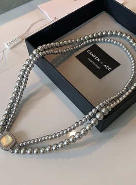 双层灰色珍珠项链女款2026新款方钻贝母锁骨链轻奢高级感小众颈链