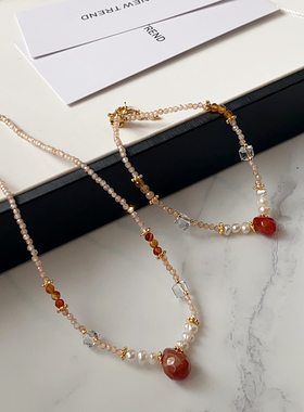 红玛瑙项链女款2024爆款珍珠锁骨链轻奢小众新中式红色天然石颈链